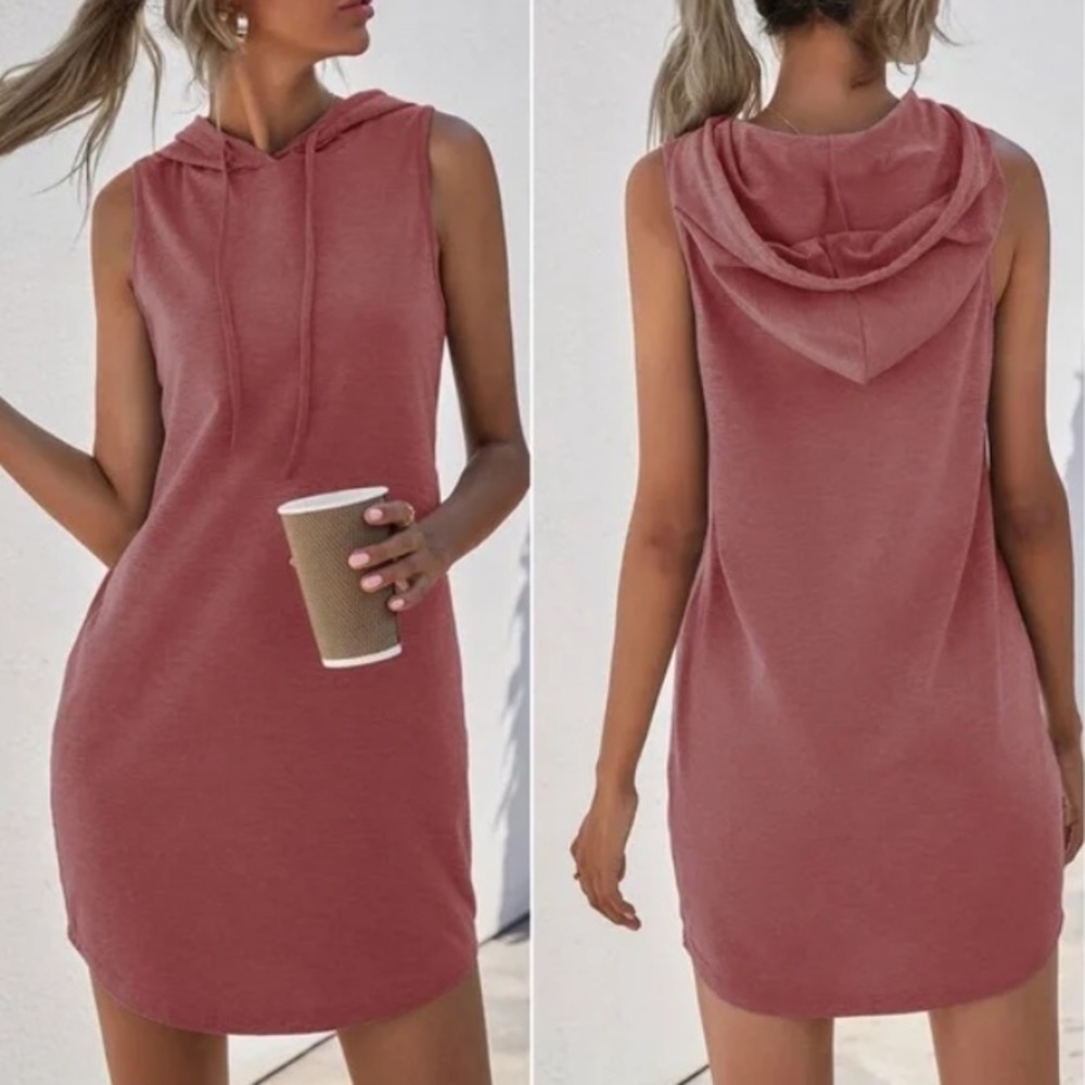 Cozy Dusty Pink Minimalist Sleeveless Hoodie Casual Dress - Picture 1 of 1